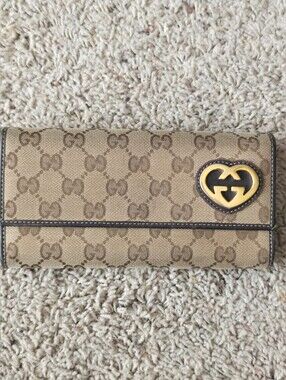 Gucci Beige GG Canvas Continental Wallet with Gold Heart Logo